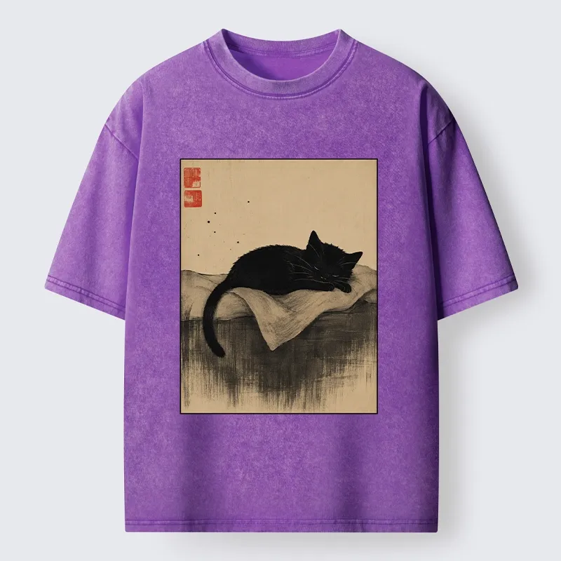 Tokyo-Tiger Sleeping Black Cat In Ink Wash Style Washed T-Shirt