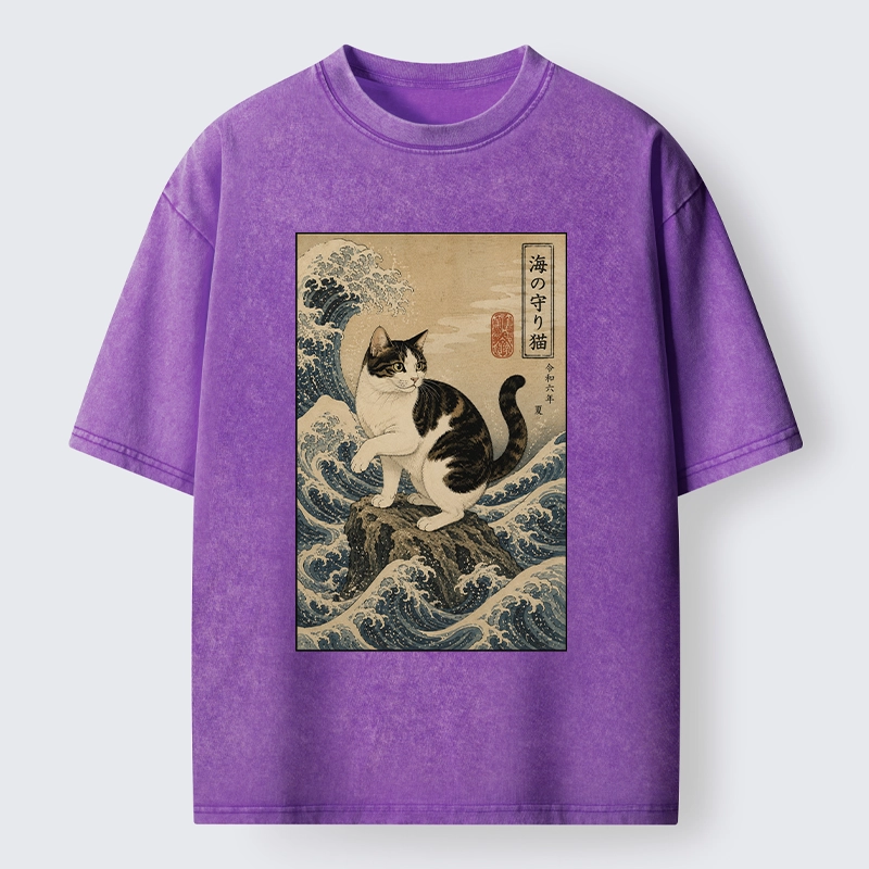 Tokyo-Tiger Sea Guardian Cat In Great Wave Art Washed T-Shirt