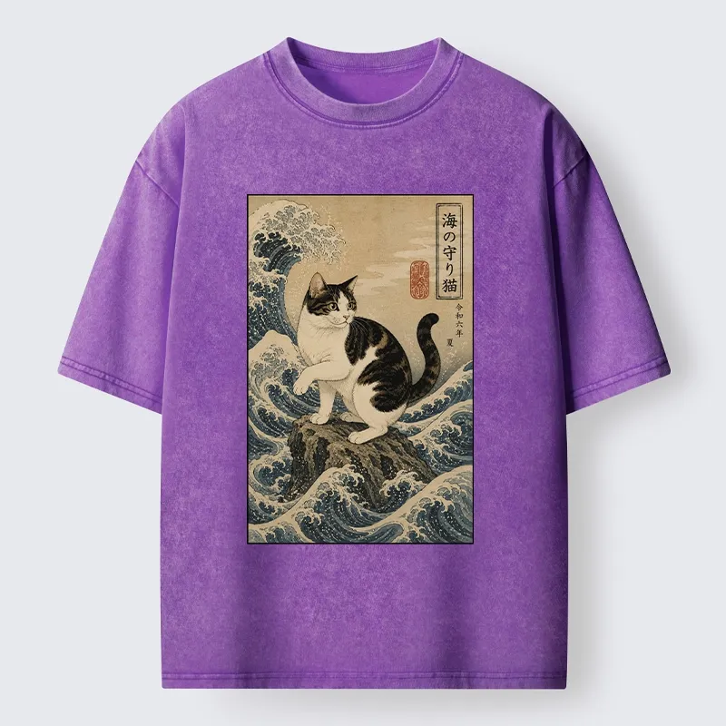 Tokyo-Tiger Sea Guardian Cat In Great Wave Art Washed T-Shirt