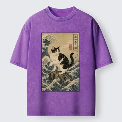 Tokyo-Tiger Sea Guardian Cat In Great Wave Art Washed T-Shirt
