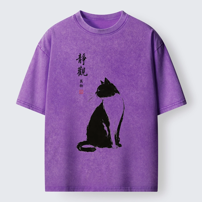 Tokyo-Tiger Calm Black And White Cat Washed T-Shirt