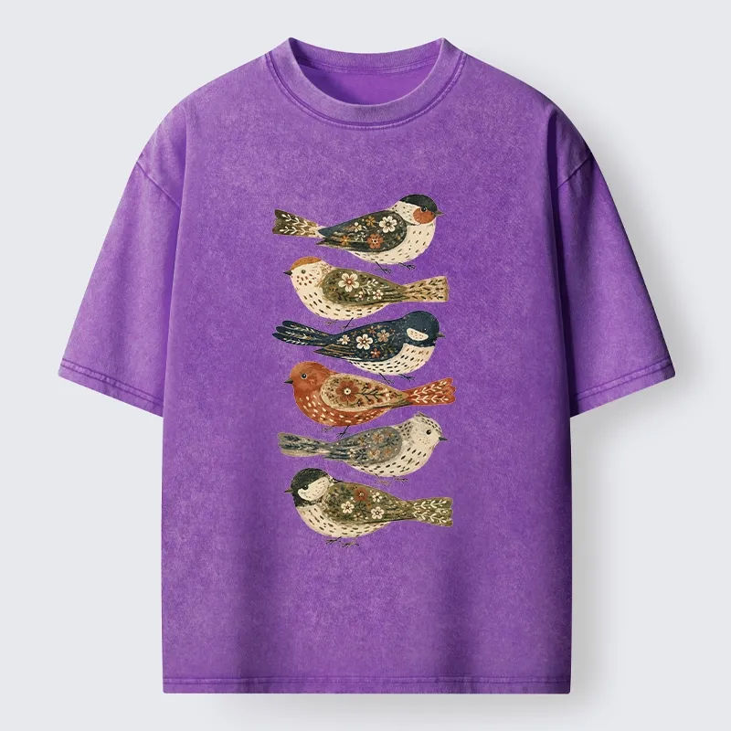 Tokyo-Tiger Colorful Folk Birds In Earthy Tones Washed T-Shirt