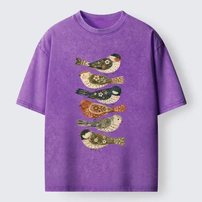 Tokyo-Tiger Colorful Folk Birds In Earthy Tones Washed T-Shirt