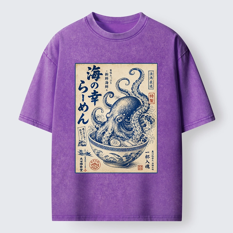 Tokyo-Tiger Vintage Octopus Ramen Japanese Poster Washed T-Shirt