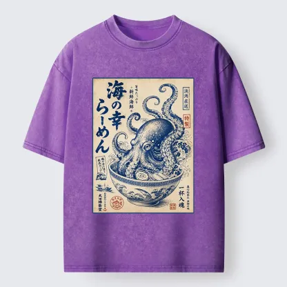 Tokyo-Tiger Vintage Octopus Ramen Japanese Poster Washed T-Shirt