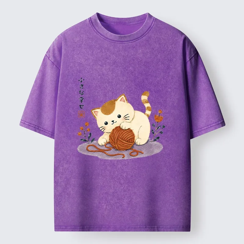 Tokyo-Tiger Cute Watercolor Cat Playing With Yarn Washed T-Shirt