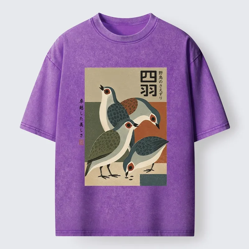 Tokyo-Tiger Four Birds In Vintage Japanese Style Washed T-Shirt