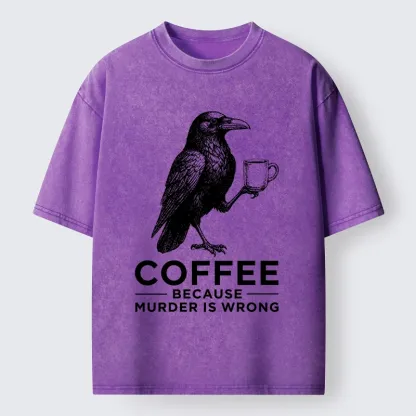 Tokyo-Tiger Raven Holding Coffee Life Mood Washed T-Shirt