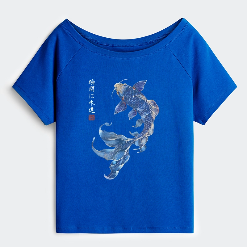 Tokyo-Tiger Lucky Blue Koi Fish Art Off Shoulder T-Shirt