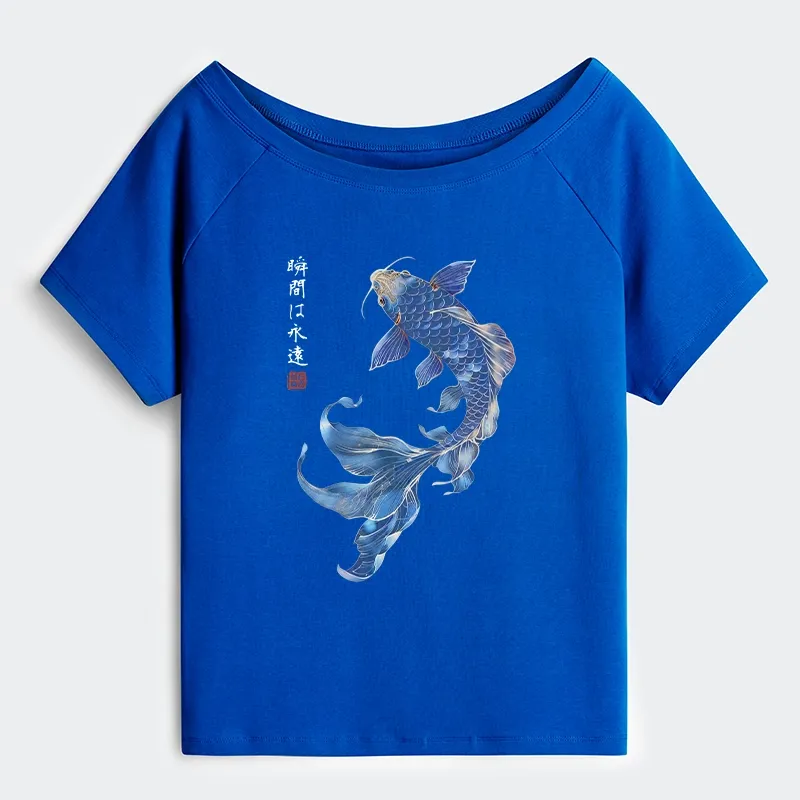 Tokyo-Tiger Lucky Blue Koi Fish Art Off Shoulder T-Shirt