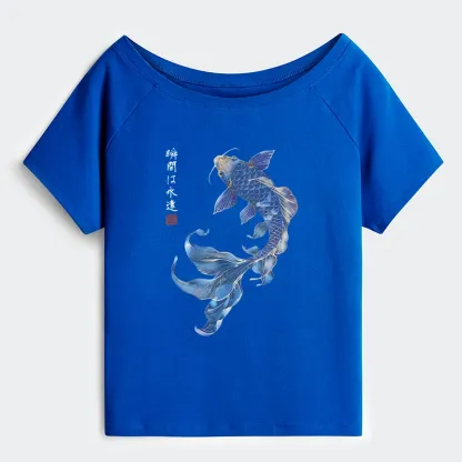 Tokyo-Tiger Lucky Blue Koi Fish Art Off Shoulder T-Shirt