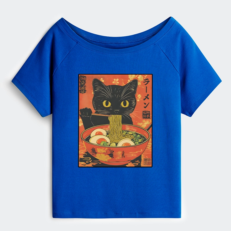 Tokyo-Tiger Hungry Black Cat Loves Ramen Off Shoulder T-Shirt