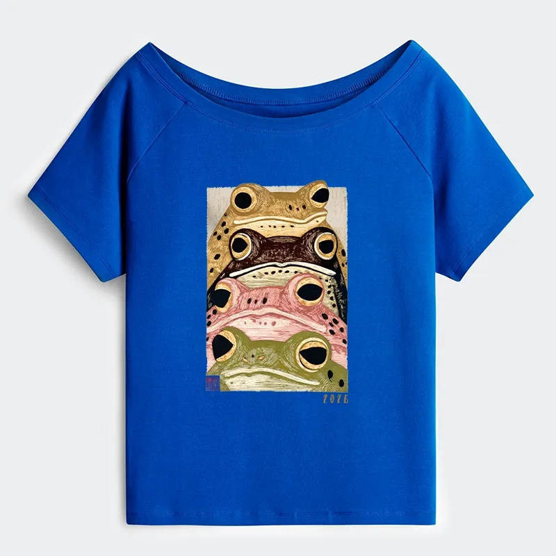 Tokyo-Tiger Whimsical Multi Colored Frog Art Off Shoulder T-Shirt