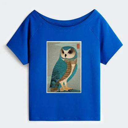 Tokyo-Tiger Vintage Owl Woodblock Art Off Shoulder T-Shirt