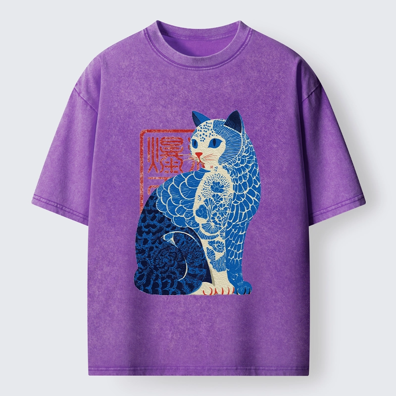 Tokyo-Tiger Blue And White Cat Print Art Washed T-Shirt