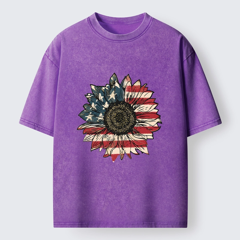 Tokyo-Tiger American Flag Sunflower Art Print Washed T-Shirt