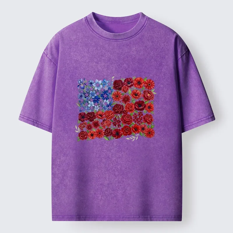 Tokyo-Tiger Floral American Flag Watercolor Art Washed T-Shirt