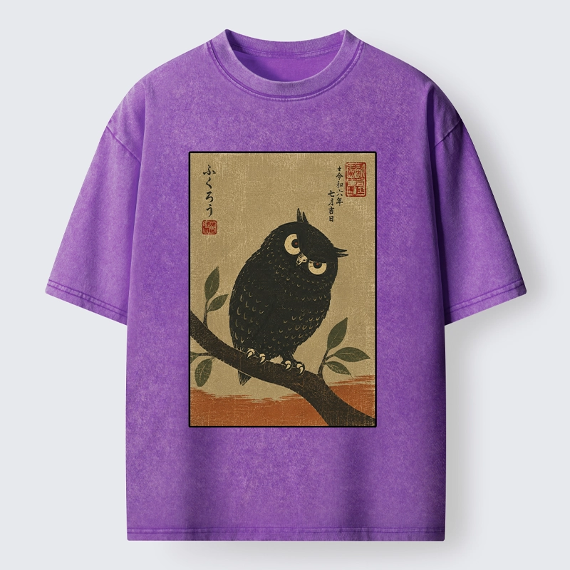 Tokyo-Tiger Traditional Black Owl Art Vibe Washed T-Shirt