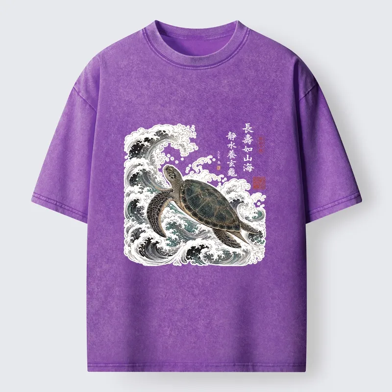 Tokyo-Tiger Lucky Turtle With Calligraphy Art Washed T-Shirt