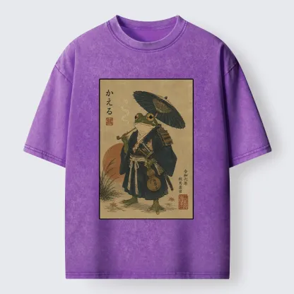 Tokyo-Tiger Cool Frog Samurai In Kimono Washed T-Shirt