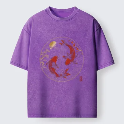 Tokyo-Tiger Lucky Koi Fish With Cherry Blossoms Washed T-Shirt