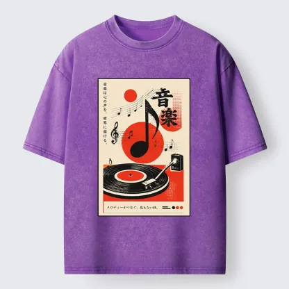 Tokyo-Tiger Retro Vinyl Record And Music Notes Washed T-Shirt