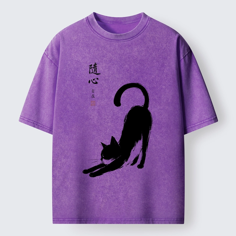 Tokyo-Tiger Zen Ink Wash Cat Stretching Art Washed T-Shirt
