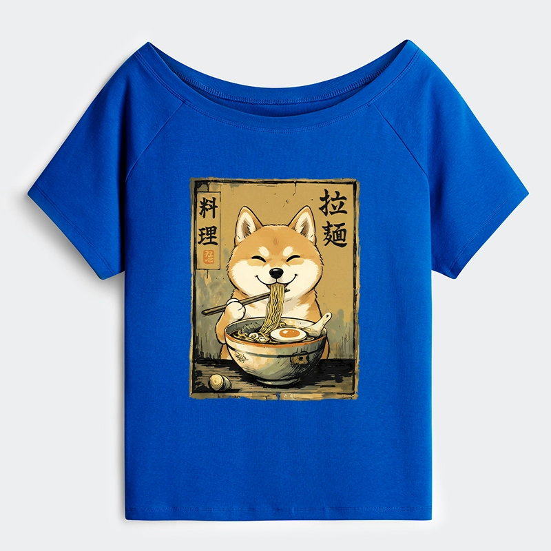 Tokyo-Tiger Happy Shiba Eating Ramen Off Shoulder T-Shirt