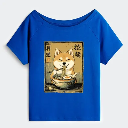 Tokyo-Tiger Happy Shiba Eating Ramen Off Shoulder T-Shirt