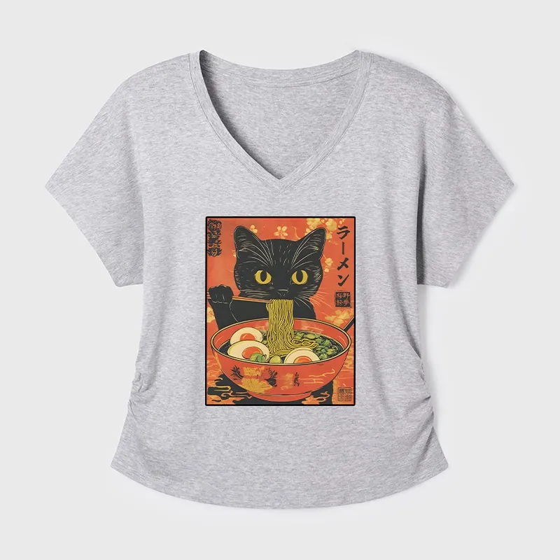 Tokyo-Tiger Hungry Black Cat Loves Ramen Modal Dolman Sleeve T-Shirt