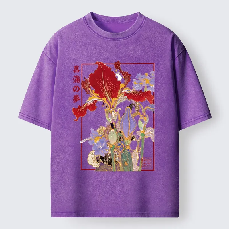 Tokyo-Tiger Antique Japanese Iris Flower Painting Washed T-Shirt