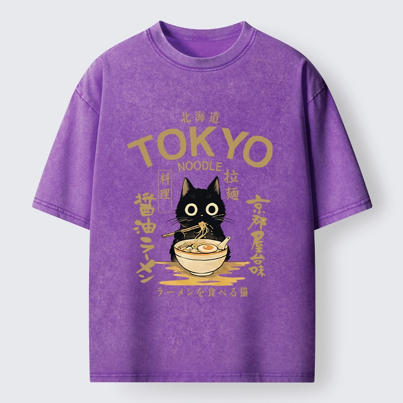 Tokyo-Tiger Black Cat Enjoys Warm Ramen Bowl Washed T-Shirt