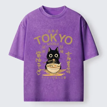 Tokyo-Tiger Black Cat Enjoys Warm Ramen Bowl Washed T-Shirt