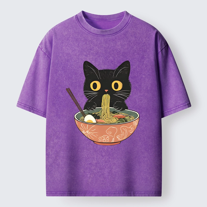 Tokyo-Tiger Black Cat Focused On Ramen Feast Washed T-Shirt