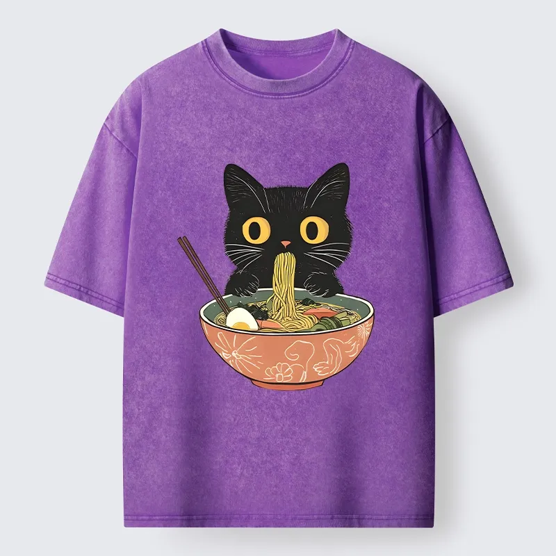 Tokyo-Tiger Black Cat Focused On Ramen Feast Washed T-Shirt