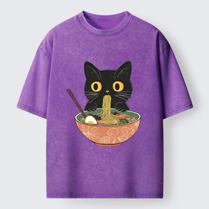 Tokyo-Tiger Black Cat Focused On Ramen Feast Washed T-Shirt