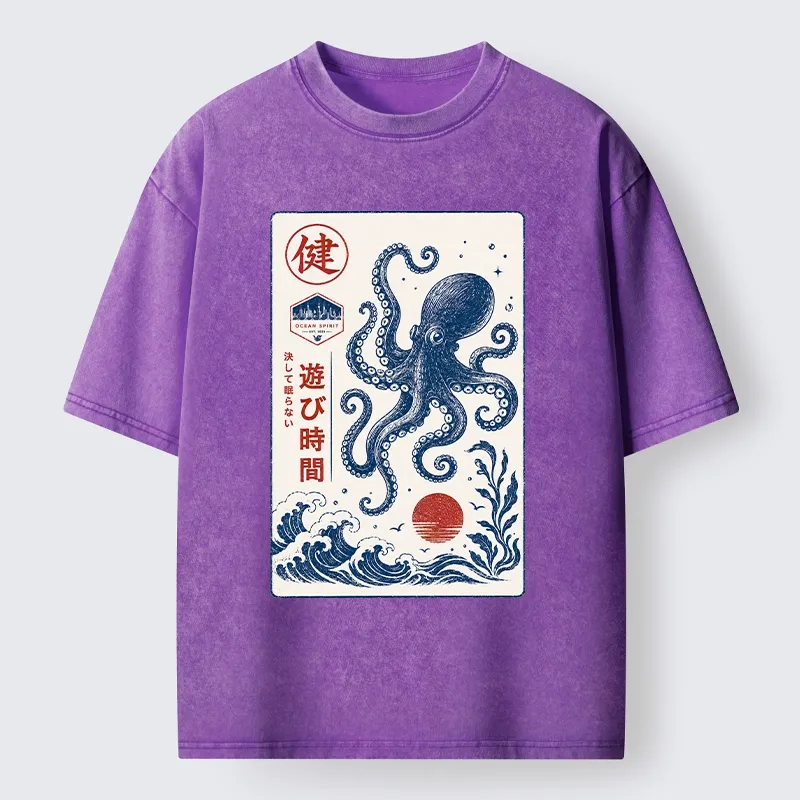 Tokyo-Tiger Octopus Swims In Wild Ocean Waves Washed T-Shirt