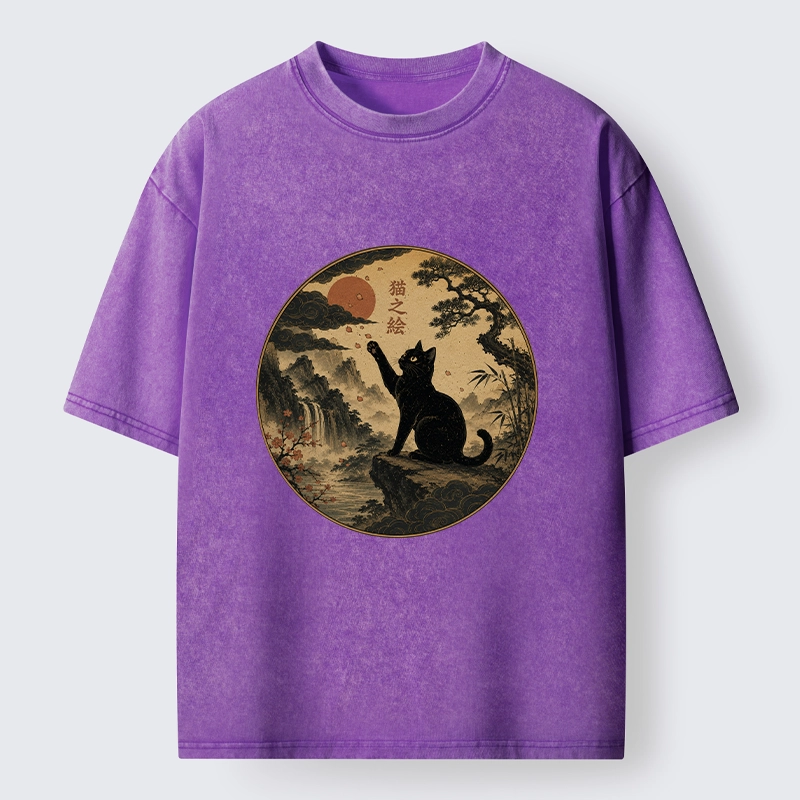 Tokyo-Tiger Serene Nature Scene Of Curious Ink Black Cat Washed T-Shirt