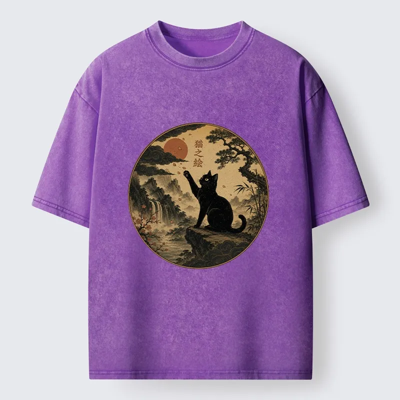 Tokyo-Tiger Serene Nature Scene Of Curious Ink Black Cat Washed T-Shirt