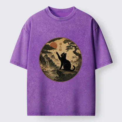 Tokyo-Tiger Serene Nature Scene Of Curious Ink Black Cat Washed T-Shirt