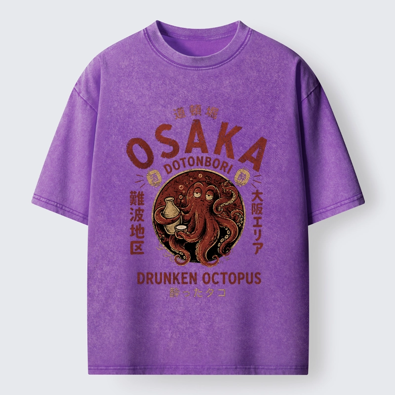 Tokyo-Tiger Osaka Artwork Of Wine Drunk Octopus Washed T-Shirt