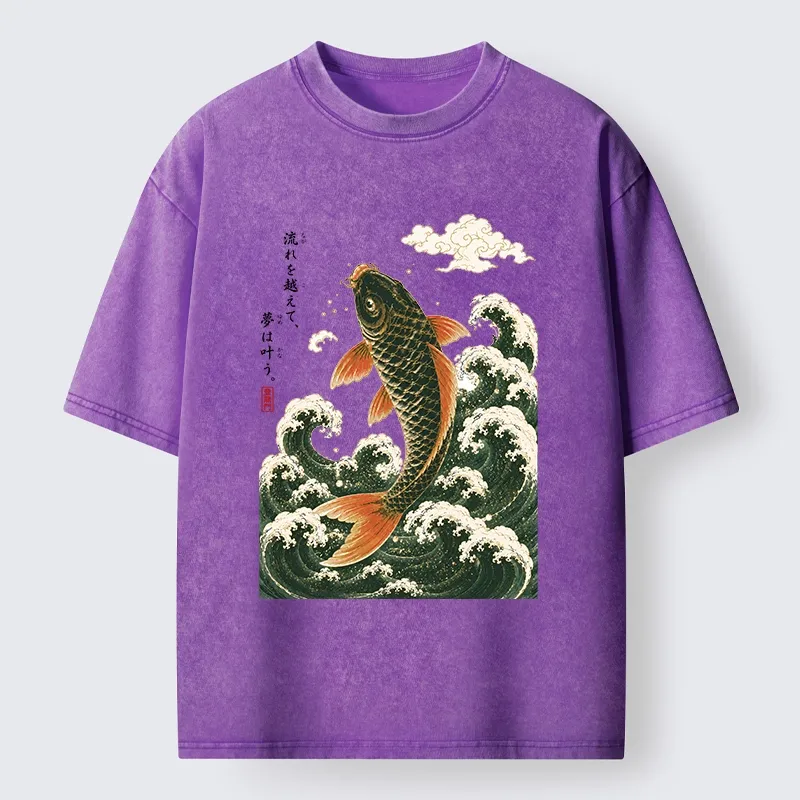Tokyo-Tiger Japanese Koi Ascends Over Foamy Sea Waves Washed T-Shirt