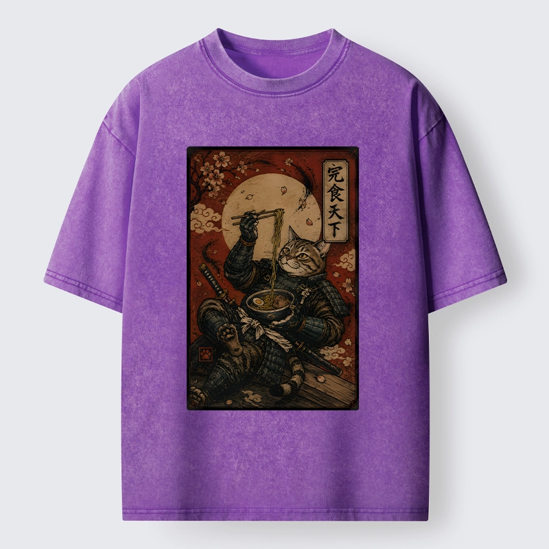 Tokyo-Tiger Bushido Cat Takes A Cozy Ramen Break Washed T-Shirt