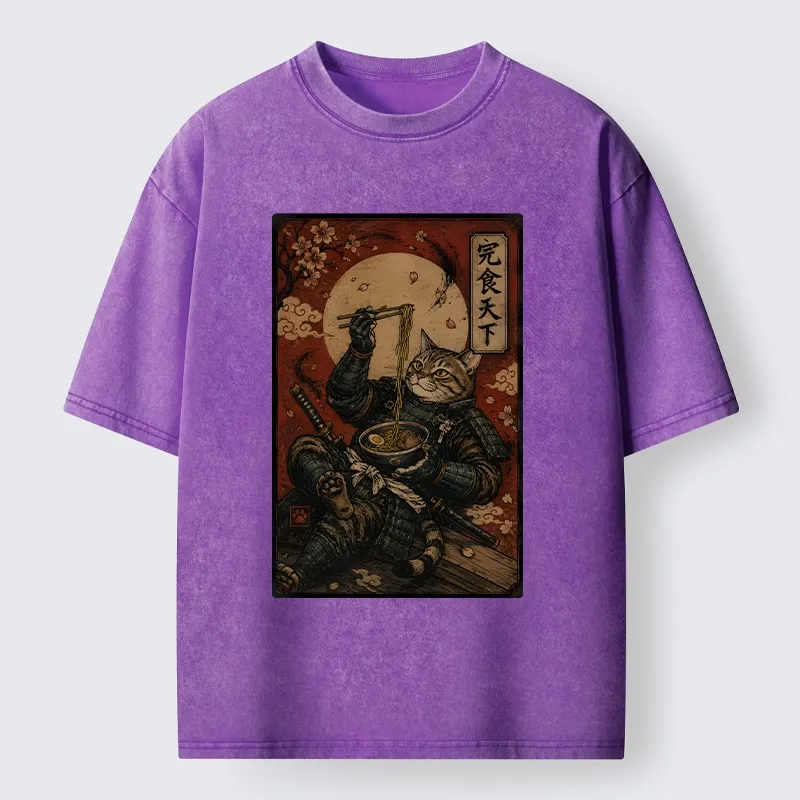 Tokyo-Tiger Bushido Cat Takes A Cozy Ramen Break Washed T-Shirt