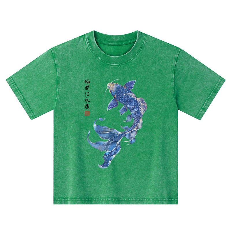 Tokyo-Tiger Lucky Blue Koi Fish Art Kids Washed T-Shirt