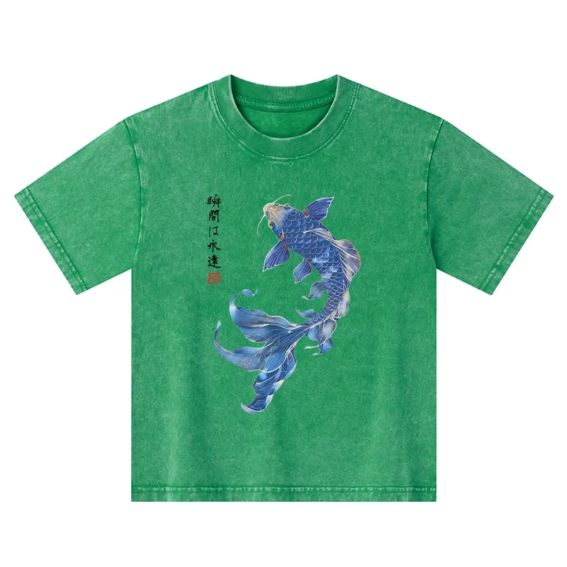 Tokyo-Tiger Lucky Blue Koi Fish Art Kids Washed T-Shirt Sale
