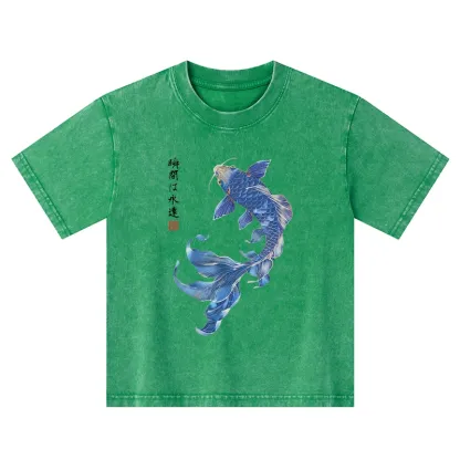 Tokyo-Tiger Lucky Blue Koi Fish Art Kids Washed T-Shirt