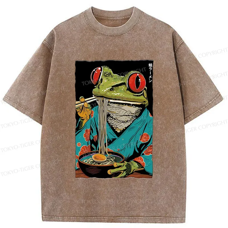 Tokyo-Tiger Frog Monster Eating Ramen Washed T-Shirt
