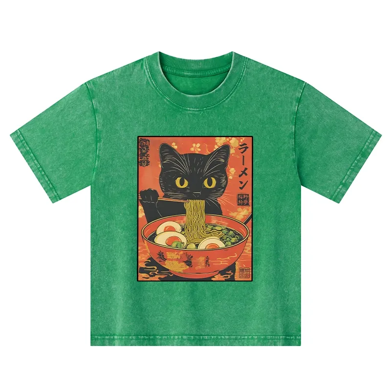 Tokyo-Tiger Hungry Black Cat Loves Ramen Kids Washed T-Shirt