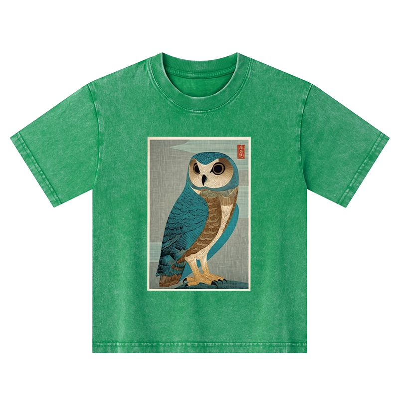 Tokyo-Tiger Vintage Owl Woodblock Art Kids Washed T-Shirt